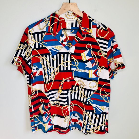 Vintage Tops - Vintage Linen Nautical Flag Print Button Up Short Sleeve Blouse Shirt Top Summer